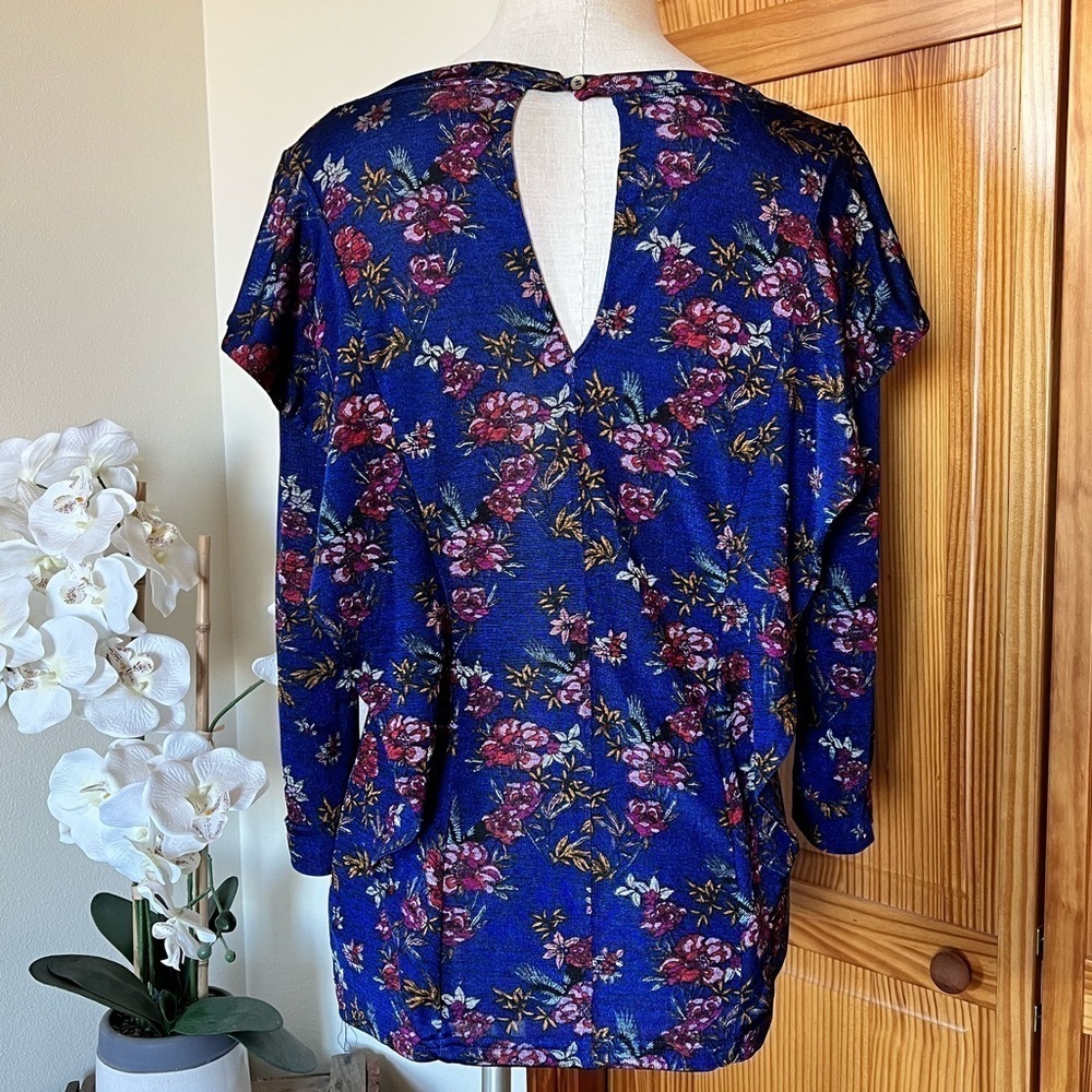 Free People Medium Dock Street Cobalt Blue Floral Ruffle Long Sleeve Shirt - Picture 5 of 10